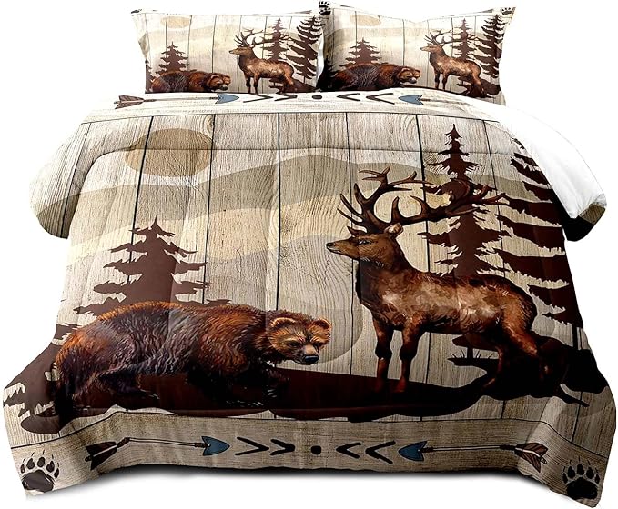LUVIVIHOME 3PCS Brown Bear Deer Comforter Set King Size, Rustic Cabin Bedding Mountain Pine Tree Forest Animal Elk Wildlife Country Lodge Farmhouse Quilt, Hunting Gifts for Men Hunters, 2 Pillow Shams - LeafyLoom
