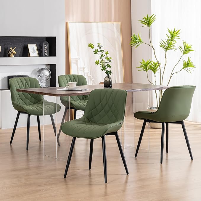 YOUNUOKE Dining Chairs Set of 2 Mid Century Modern Kitchen Chair Comfortable Upholstered Faux Leather Dinner Chairs for Kitchen Dining Room, Olive - LeafyLoom