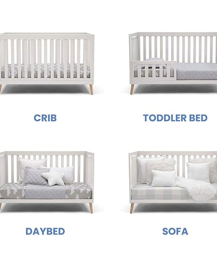 Delta Children Essex 4-in-1 Convertible Baby Crib, Bianca White with Natural Legs + Delta Children Twinkle Galaxy Dual Sided Recycled Fiber Core Crib and Toddler Mattress (Bundle) - LeafyLoom