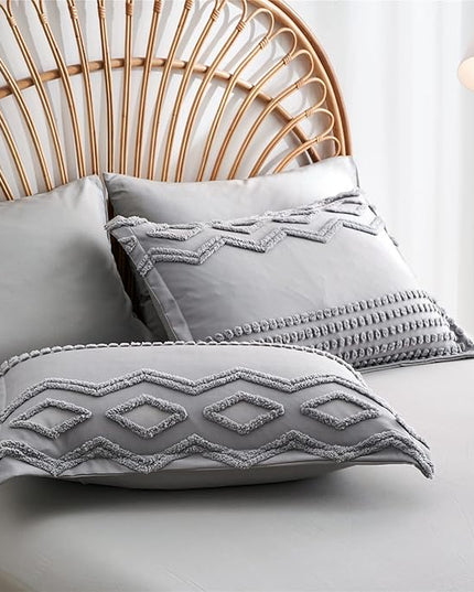 KAKIJUMN Grey Tufted Comforter Set Full Size 7 Piece Bed in a Bag, Shabby Chic Boho Comforter and Sheet Set, Pom Pom Textured Bed Set, All Season Soft Microfiber Complete Bedding Set(Grey,Full) - LeafyLoom