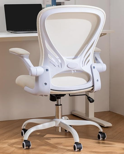 Desk Chair Mesh Office Chair with Flip-up Arms Mid Back Swivel Computer Chair Home Office Work Chair Girls Women's Desk Chair (White) - LeafyLoom