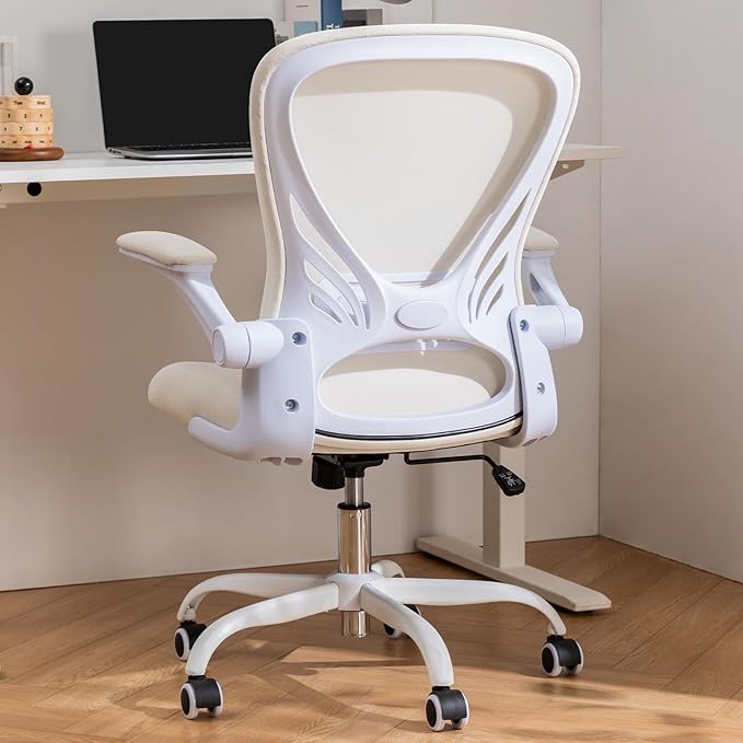 Desk Chair Mesh Office Chair with Flip-up Arms Mid Back Swivel Computer Chair Home Office Work Chair Girls Women's Desk Chair (White) - LeafyLoom