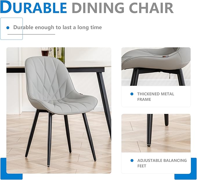 YOUNIKE Dining Chairs Set of 2, Grey Comfy Padded Kitchen Chairs, Armless Modern Faux Leather Upholstered Dining Room Chairs, Elegant Dinning Chairs Side Chairs, Loads up to 300LBS - LeafyLoom