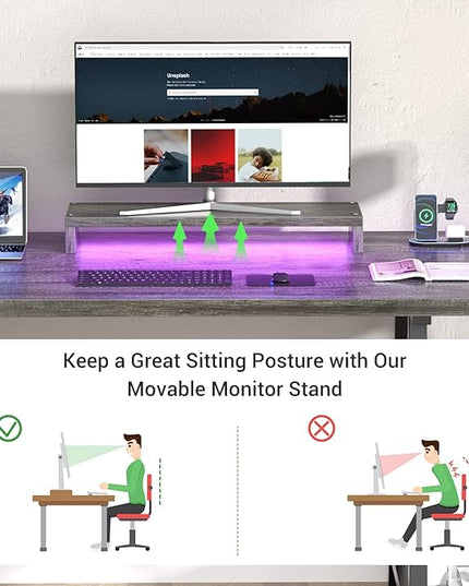 armocity Computer Desk with LED Lights, Reversible Desk with Power Outlet, 55'' Desk with Storage Shelves, Gaming Desk with Moveable Monitor Stand and Storage Bag for Home Office Workstation, Grey - LeafyLoom