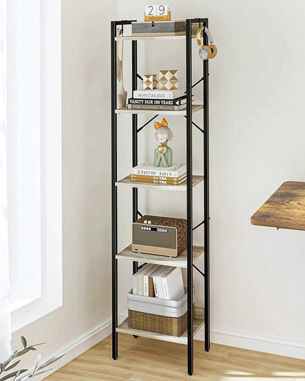 Bookshelf, Book Shelf, Industrial Bookcase with 2 Hooks, Coner Shelf Storage Organizer for Home Office, Living Room, Bedroom, Kitchen, 5-Tier Greige BC10505B - LeafyLoom