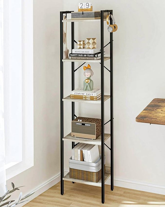 Bookshelf, Book Shelf, Industrial Bookcase with 2 Hooks, Coner Shelf Storage Organizer for Home Office, Living Room, Bedroom, Kitchen, 5-Tier Greige BC10505B - LeafyLoom