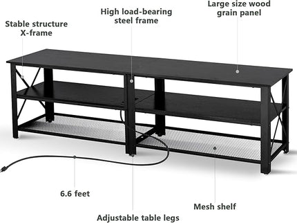 Clikuutory Modern Black 71 inch Metal TV Stand with LED Lights and Power Outlets for 50 60 65 70 75 80 Inch TVs, 3 Tier Television Stands with Entertainment Center and Storage for Living Room, Bedroom - LeafyLoom