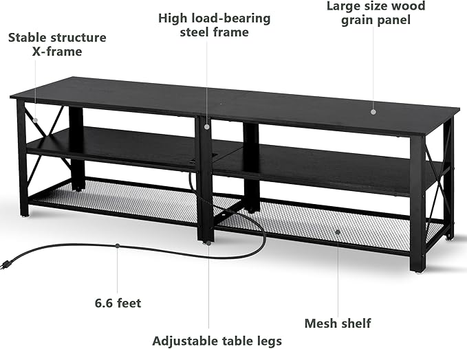 Clikuutory Modern Black 71 inch Metal TV Stand with LED Lights and Power Outlets for 50 60 65 70 75 80 Inch TVs, 3 Tier Television Stands with Entertainment Center and Storage for Living Room, Bedroom - LeafyLoom