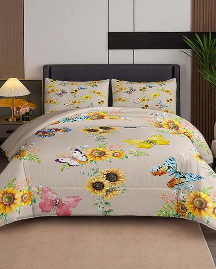 Tailor Shop Sunflower Comforter Sets King Size,Sunflower Bedding Sets for Teens Kids Butterflies Comforter Sets,Butterfly Bedding Sets Vintage Yellow Flowers Bedding Sets with 2 Pillowcases - LeafyLoom
