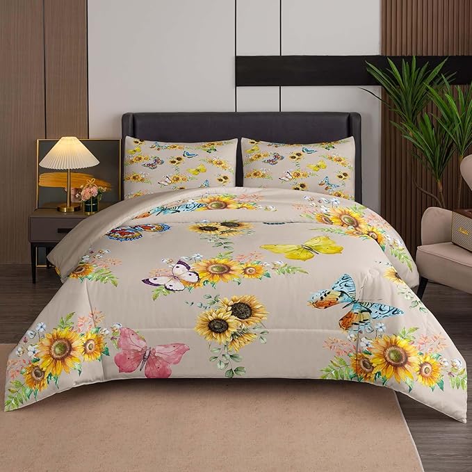 Tailor Shop Sunflower Comforter Sets Twin Size,Sunflower Bedding Sets for Teens Kids Butterflies Comforter Sets,Butterfly Bedding Sets Vintage Yellow Flowers Bedding Sets with 1 Pillowcases - LeafyLoom