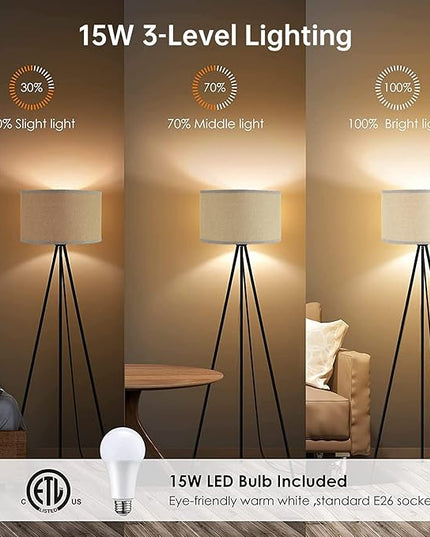 BoostArea Floor Lamp for Living Room, Tripod Floor Lamp, 15W LED Bulb, 3 Levels Dimmable Brightness, Gray Linen Lamp Shade, Mid Century Standing Lamp for Living Room, Bedroom, Study Room and Office - LeafyLoom