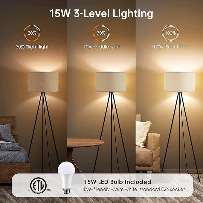 BoostArea Floor Lamp for Living Room, Tripod Floor Lamp, 15W LED Bulb, 3 Levels Dimmable Brightness, Gray Linen Lamp Shade, Mid Century Standing Lamp for Living Room, Bedroom, Study Room and Office - LeafyLoom