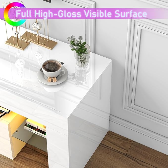 HOUAGI LED TV Stand for 50/55/60/65/70 Inch TVs,Modern Entertainment Center with Storage Drawer and Glass shelf, TV Console Table for Living room,Bedroom,White - LeafyLoom
