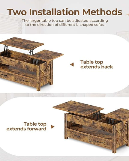 Seventable Coffee Table, 47.2" Lift Top Coffee Table with 2 Storage Drawers and Hidden Compartment, Farmhouse Center Table with Wooden Lift Tabletop, for Living Room,Rustic Brown - LeafyLoom