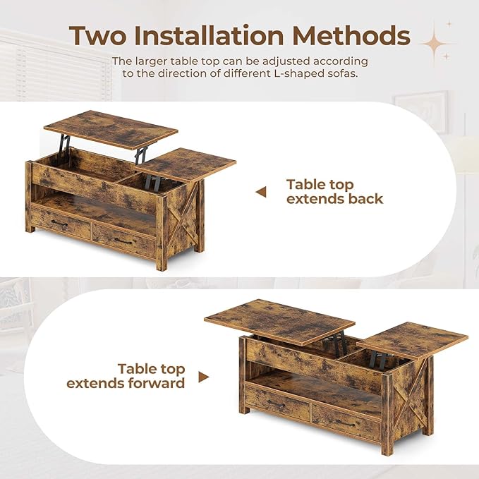 Seventable Coffee Table, 47.2" Lift Top Coffee Table with 2 Storage Drawers and Hidden Compartment, Farmhouse Center Table with Wooden Lift Tabletop, for Living Room,Rustic Brown - LeafyLoom