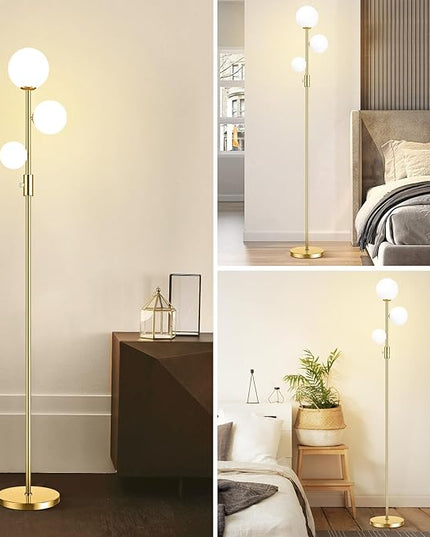 69" 3-Globe Mid Century Floor Lamp for Living Room, Modern Dimmable Tall Standing Lamp with Frosted Glass Shades, Contemporary Gold Pole Lamp for Bedroom Office, 3 LED Bulbs Included - LeafyLoom
