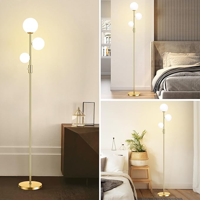 69" 3-Globe Mid Century Floor Lamp for Living Room, Modern Dimmable Tall Standing Lamp with Frosted Glass Shades, Contemporary Gold Pole Lamp for Bedroom Office, 3 LED Bulbs Included - LeafyLoom
