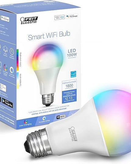 Feit Electric Smart Bulb, 100W Equivalent Color Changing and Tunable White, 2.4Ghz Wifi light bulb, No Hub Needed, Works with Alexa and Google Assistant, High CRI Dimmable LED OM100/RGBW/CA/AG, 1 Pack FeitElectricCompany