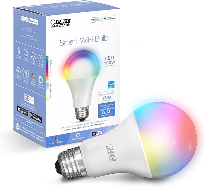 Feit Electric Smart Bulb, 100W Equivalent Color Changing and Tunable White, 2.4Ghz Wifi light bulb, No Hub Needed, Works with Alexa and Google Assistant, High CRI Dimmable LED OM100/RGBW/CA/AG, 1 Pack FeitElectricCompany