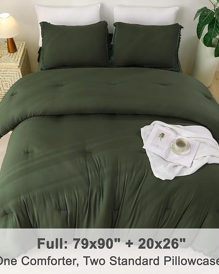 Litanika Full Size Comforter Set Olive Green, 3 Pieces Dark Green Boho Tassel Bed Comforter Full, All Season Oversized Bedding Comforter Sets (1 Comforter 79x90 inch, 2 Pillowcases) - LeafyLoom