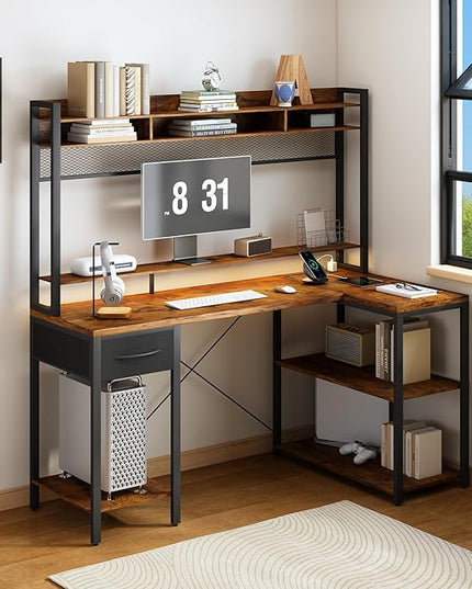 TOARTi 47" L Shaped Computer Desk with LED Lights, Gaming Corner Desk with Hutch, Computer Desk with Long Monitor Shelf for Home Office, Vintage Brown - LeafyLoom