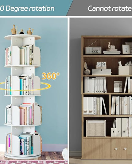 EasyCom 4 Tier Rotating Display Bookshelf Organizer Floor Standing Bookcase Storage Rack- Display Round Bookshelf Swivel Corner Book Shelf- Tall Bookcase for Home Study Office, White - LeafyLoom