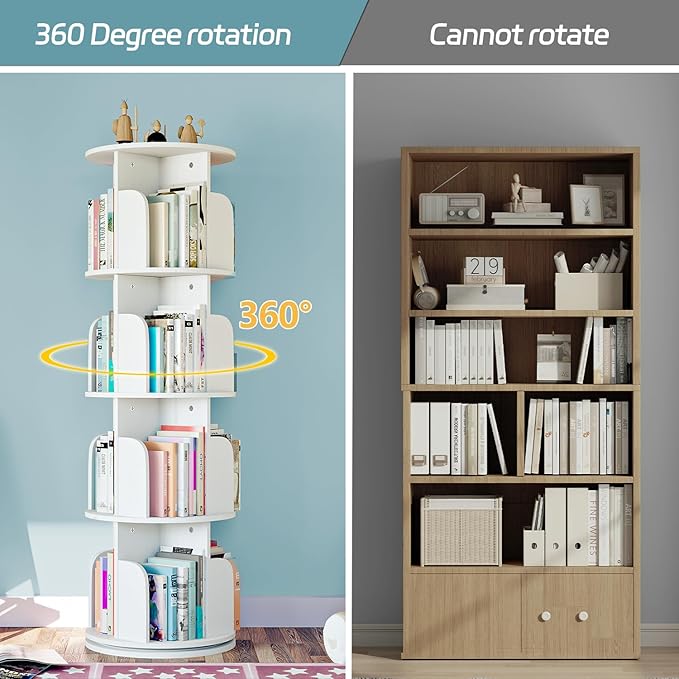 EasyCom 4 Tier Rotating Display Bookshelf Organizer Floor Standing Bookcase Storage Rack- Display Round Bookshelf Swivel Corner Book Shelf- Tall Bookcase for Home Study Office, White - LeafyLoom