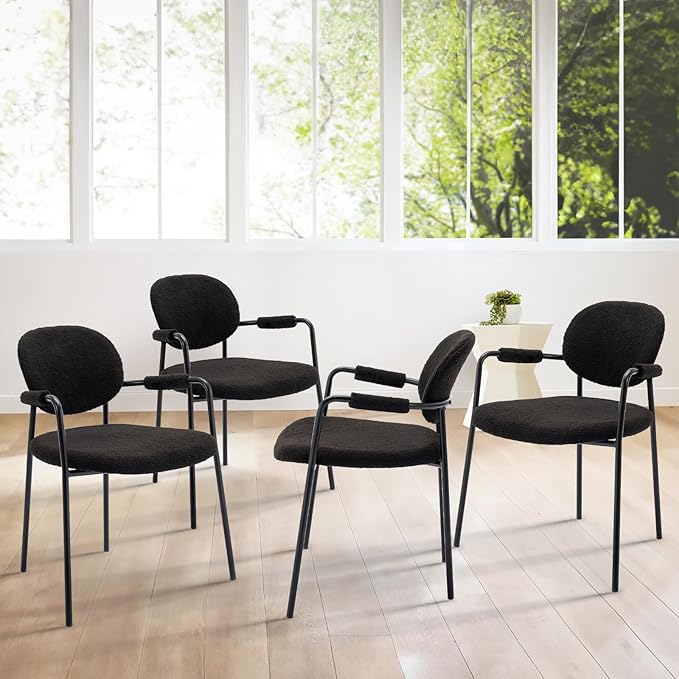 COLAMY Modern Accent Dining Chairs Set of 4, Boucle Dining Chairs with Arms, Comfy Small Sherpa Dining Armchairs with Back for Kitchen, Dining Room, Restaurant, Black - LeafyLoom