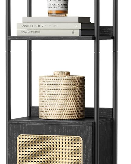 VASAGLE 6-Tier Bookcase, Bookshelf with Rattan-Like Door, Boho Style, Freestanding 15.7-Inch Wide Storage Shelf, Metal Frame, Adjustable Shelf, for Living Room, Ebony Black and Matte Black ULLS122B56 - LeafyLoom