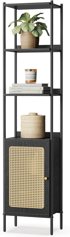 VASAGLE 6-Tier Bookcase, Bookshelf with Rattan-Like Door, Boho Style, Freestanding 15.7-Inch Wide Storage Shelf, Metal Frame, Adjustable Shelf, for Living Room, Ebony Black and Matte Black ULLS122B56 - LeafyLoom