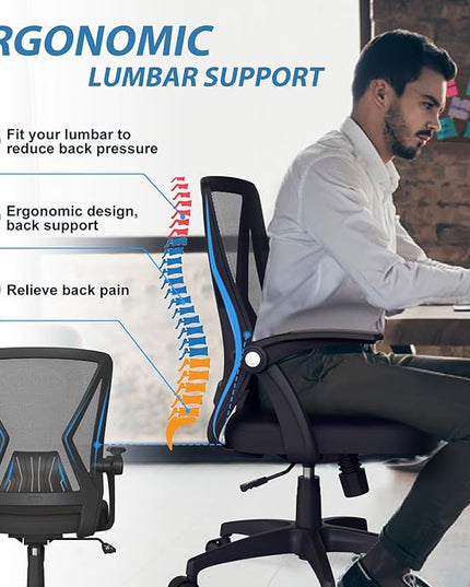 KOLLIEE Mid Back Mesh Office Chair Ergonomic Swivel Black Mesh Computer Chair Flip Up Arms with Lumbar Support Adjustable Height Task Chair - LeafyLoom