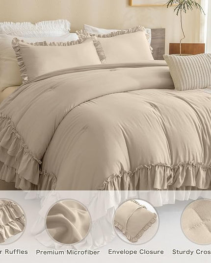 Farmhouse King Size Comforter Set,Shabby Boho Chic Bedding Ruffled Linen Feel Textured King Bed Comforter Vintage Rustic French Country Bedding Sets 3 Pieces - LeafyLoom