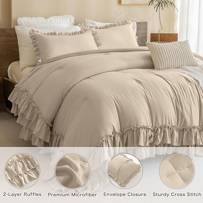 Farmhouse King Size Comforter Set,Shabby Boho Chic Bedding Ruffled Linen Feel Textured King Bed Comforter Vintage Rustic French Country Bedding Sets 3 Pieces - LeafyLoom