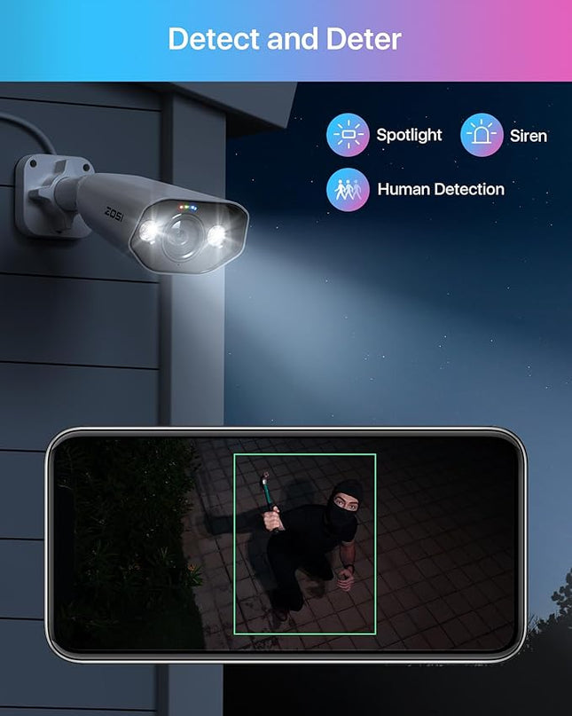 ZOSI 2PK 4K PoE Add-on Cameras with Ethernet Cables,Person/Vehicle Detection,2 Way Audio,Night Vision,Spotlight Siren,8MP Weatherproof Outdoor Indoor IP Security Camera Only Work 4K PoE NVR ZOSI