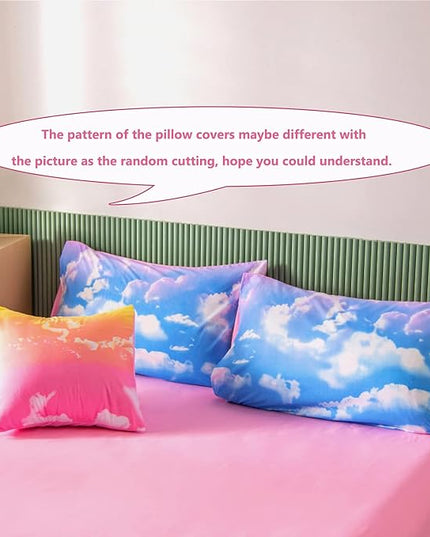 PERFEMET White Cloud Print Girls Comforter Set Queen Size 6 Pieces Teen Girl Tie Dye Bedding Set Colorful Rainbow Bed in A Bag Comforter Set with Sheets - LeafyLoom