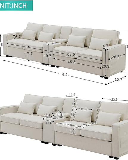 104" Modern Sofa, 4-seat Couch with Armrest Pockets and 4 Pillows for Living Room, Apartment, 104inch, Beige - LeafyLoom