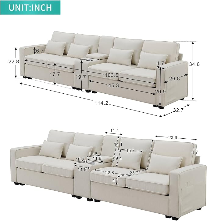 104" Modern Sofa, 4-seat Couch with Armrest Pockets and 4 Pillows for Living Room, Apartment, 104inch, Beige - LeafyLoom