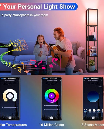 OUTON Floor Lamp with Shelves, LED Dimmable Floor Lamp with Remote & App & Voice Control, Charging Station, Color Changing, Wood Column Tall Standing Lamp for Living Room, Bedroom Office - LeafyLoom