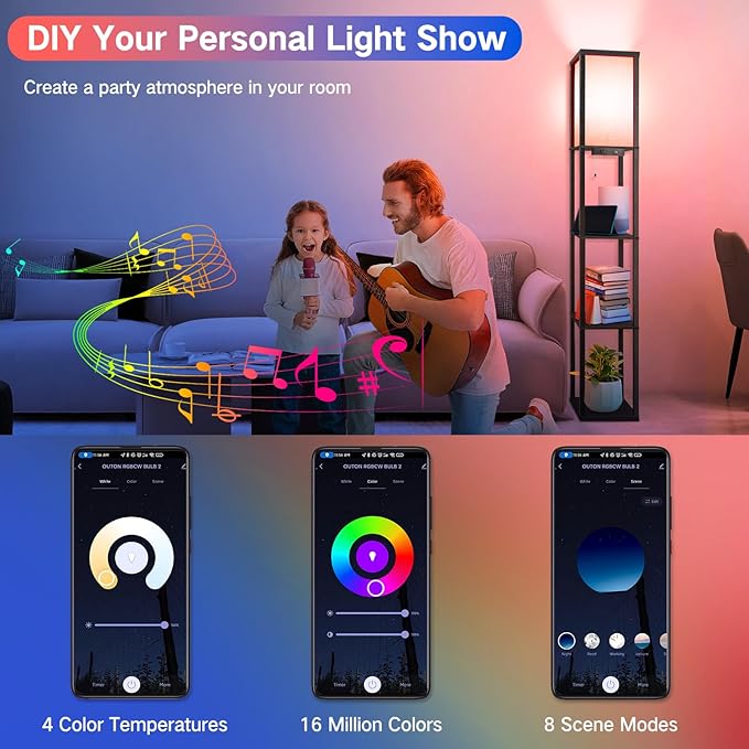 OUTON Floor Lamp with Shelves, LED Dimmable Floor Lamp with Remote & App & Voice Control, Charging Station, Color Changing, Wood Column Tall Standing Lamp for Living Room, Bedroom Office - LeafyLoom