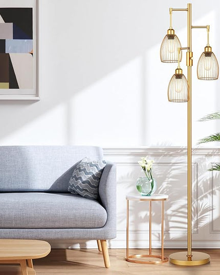 Dimmable Floor Lamp, Industrial Floor Lamps for Living Room, Gold Tree Lamp Standing Lamp Tall Lamps with 3 Elegant Teardrop Cage Head & 800 Lumens LED Bulbs for Living room Bedroom Office - LeafyLoom