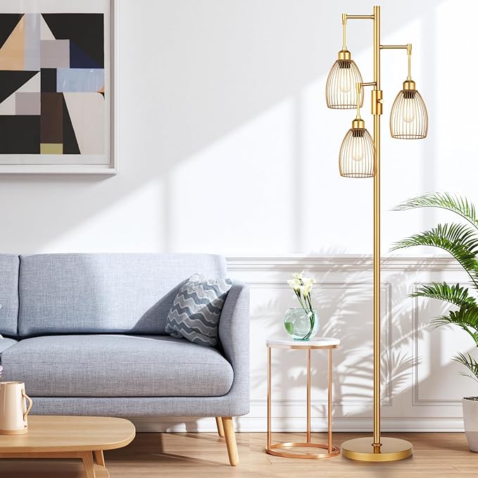 Dimmable Floor Lamp, Industrial Floor Lamps for Living Room, Gold Tree Lamp Standing Lamp Tall Lamps with 3 Elegant Teardrop Cage Head & 800 Lumens LED Bulbs for Living room Bedroom Office - LeafyLoom