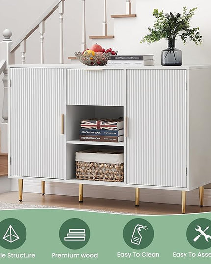 Storage Cabinet, Modern Accent Buffet Cabinet, FreeStanding Sideboard and Buffet Storage, Adjustable Shelves with 2 Doors Drawer for Bedroom, Living Room, Kitchen or Hallway,White - LeafyLoom