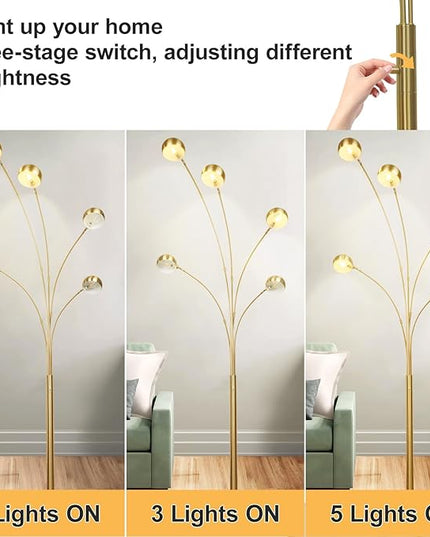 DLLT 5-Light Arc Floor Lamp, 86.6" Gold Floor Lamps for Living Room, Multi-Head LED Standing Tall Lamp with Adjustable Arms, Modern Tree Floor Lamps for Bedroom, Study, Office, E12 Bulbs Included - LeafyLoom
