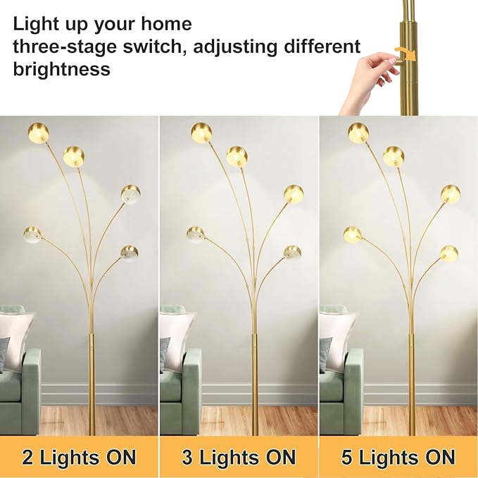 DLLT 5-Light Arc Floor Lamp, 86.6" Gold Floor Lamps for Living Room, Multi-Head LED Standing Tall Lamp with Adjustable Arms, Modern Tree Floor Lamps for Bedroom, Study, Office, E12 Bulbs Included - LeafyLoom