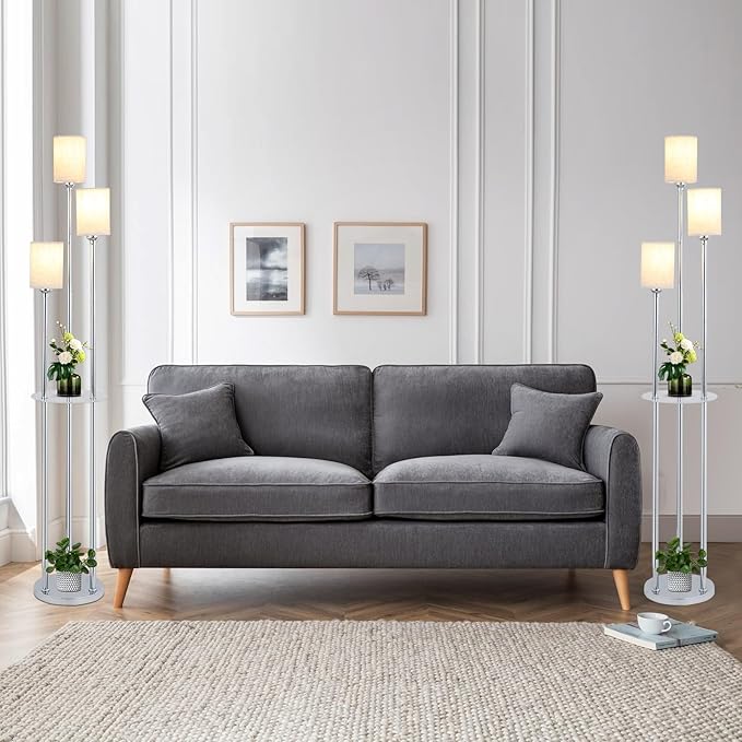 Floor Lamps for Living Room, 3-Lights Modern Floor Lamp with Shelves, Chrome Standing Lamp with Fabric Shade and Foot Switch, Shelf Standing Lamps with Table, Tall Lamps for Bedroom Office - LeafyLoom