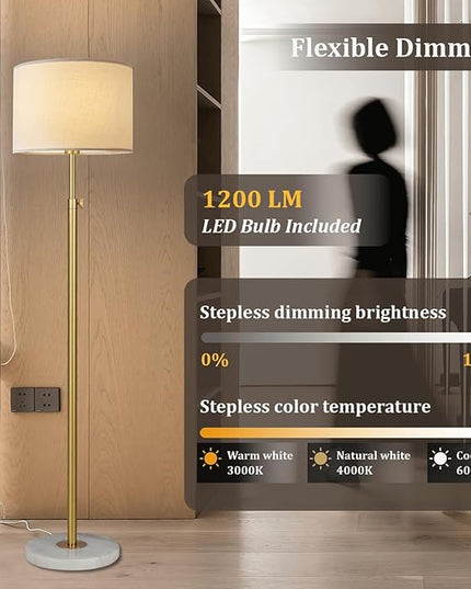 Gold Floor Lamp for Living Room with Remote Control, Marble Base 1200 Lumens 15W Adjustable Height Modern Floor Lamp Standing Lamp for Bedroom, Smart Control Alexa & Google Assistance Compatible - LeafyLoom