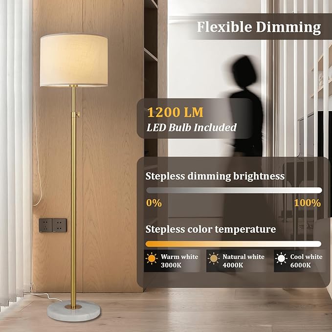 Gold Floor Lamp for Living Room with Remote Control, Marble Base 1200 Lumens 15W Adjustable Height Modern Floor Lamp Standing Lamp for Bedroom, Smart Control Alexa & Google Assistance Compatible - LeafyLoom