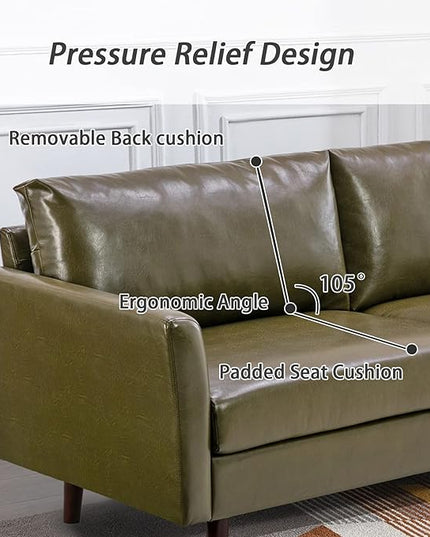Dreamsir 80'' Faux Leather Sofa Couch, Mid-Century Modern Sofa with Solid Wooden Frame & Padded Cushions, 3-Seater Couch for Living Room, Apartment, Lounge Room (Green) - LeafyLoom