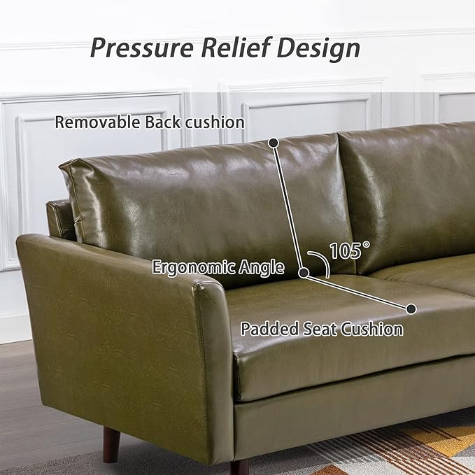 Dreamsir 80'' Faux Leather Sofa Couch, Mid-Century Modern Sofa with Solid Wooden Frame & Padded Cushions, 3-Seater Couch for Living Room, Apartment, Lounge Room (Green) - LeafyLoom
