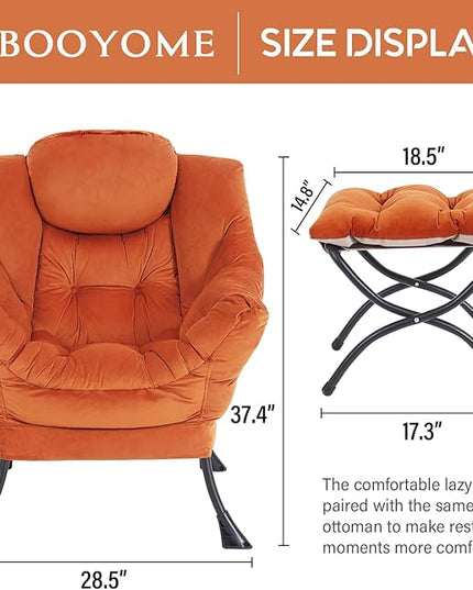 Lazy Chair with Ottoman, Modern Accent Chair Contemporary Lounge Leisure Upholstered Sofa Chair Set with Armrests, Reading Chair for Living Room, Bedroom, Office, Orange - LeafyLoom